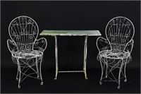WIRE CHAIRS AND CAST IRON & WOOD OUTDOOR TABLE