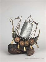Vintage Metal Viking Ship Sculpture