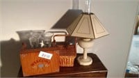 3 lamps, foot stool and small sewing basket