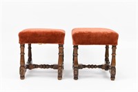 PAIR OF ANTIQUE UPHOLSTERED STOOLS