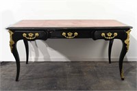 FRENCH BLACK LACQUER, ORMOLU & RED LEATHER DESK