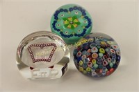 THREE GLASS PAPERWEIGHTS - ONE WITH CROWN