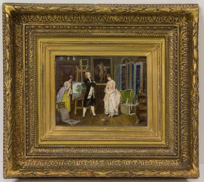 One of a pair of Marie de Garay (French, 1861-1953) oil on mahogany panel genre paintings, 7 ½" x 9 ½" sight, 20" x 18" OA (each)