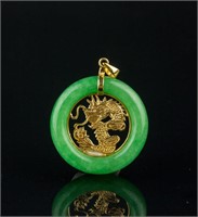 Chinese 18k Gold Green Jadeite Dragon Pendant