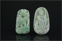 2 Pc Chinese Green Jade Qilin & Guanyin Pendants
