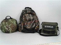 Camouflage backpack, set cushion and bag