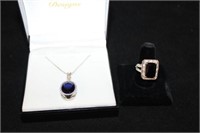 2pc Jewelry; Sapphire Estate Necklace, Dinner Ring