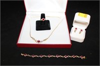 4pc Jewelry: Ruby & Diamond Dinner Ring, Earrings,