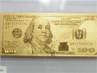 24K Gold Plated Foil United States $100 Bill.