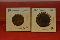 (2) U.S. Coins 1827 Large Cent, 1865 Two Cent