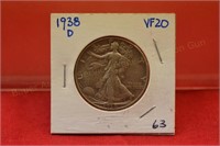 1938d Walking Liberty Half  VF20  key date