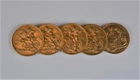 Five English gold sovereigns, early 20th C, 40g.