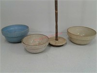 3 crock bowls and Butter Churn Dasher and lid