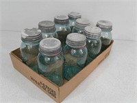 9 blue ball glass canning jars with zinc lids