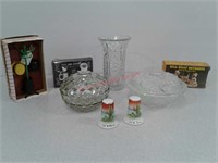 2 candy dishes, glass vase, for salt and pepper