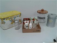 Tin Bread Box, salt and pepper shakers, cookie