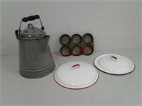 Graniteware teapot, 2 enamel lids and muffin tin