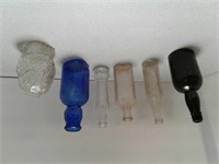 6 misc glass bottles / owl bank