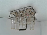 6 glass milk bottles and Metal carrier