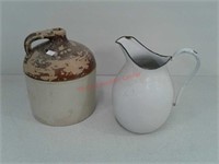 crock jug and porcelain enamel pitcher