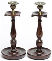 Pair of English Oak Baluster-Turned Candlesticks