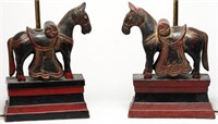 Pair of Indian Carved & Painted Wood Horse Lamps