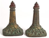 Pair Gilt & Painted Bronze Lighthouse Bookends
