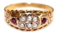 Victorian 15K Gold, Seed Pearl & Spinel Ring