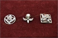 (3) Sterling Silver Floral Brooches