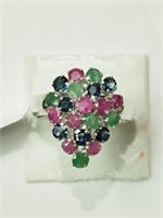 Sterling Silver Ruby, Emerald and Sapphire Ring