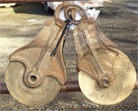 2 Antique Metal Pulleys with Wood Rollers