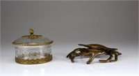 Bronze crab form inkwell and etched glass dish