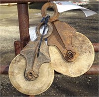 2 Antique Metal Pulleys with Wooden Rollers