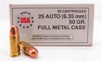 "USA" 25 Auto 50 Cartridges (6.35mm) 50GR