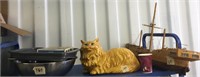 Shelf lot of a ceramic cat, metal kitchen bowls an