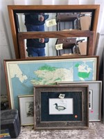 Lot of framed duck art, map of Alaska, 2 very nice