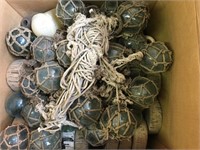 Box full of old Japanese glass fish floats, some h