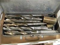 MANY HEAVY DUTY DRILL BITS IN METAL CONTAINER
