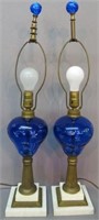 PAIR OF COBALT BLUE CASED GLASS  LAMPS