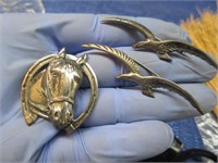 sterling horse pin & 2 sterling bird pins