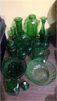 Group of depression green glassware including