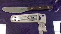 Buck knife with attached camping fork and bottle