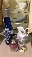 Antique sugar shaker, porcelain picture and vase