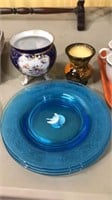 Three blue glass etched plates, majolica vase and