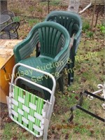 8 Plastic Green Lawn Chairs & 1 Aluminum Folding