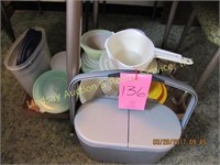 2 flats of Tupperware, pampered chef ice bucket,