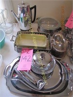 Group of misc: serving trays, butter dish, candy