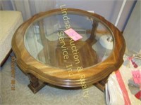 Round wood coffee table w/ glass top