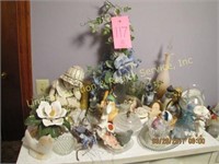Group of misc decor: candle holders, statues,