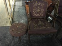 padded chair and footstool (wood frame)